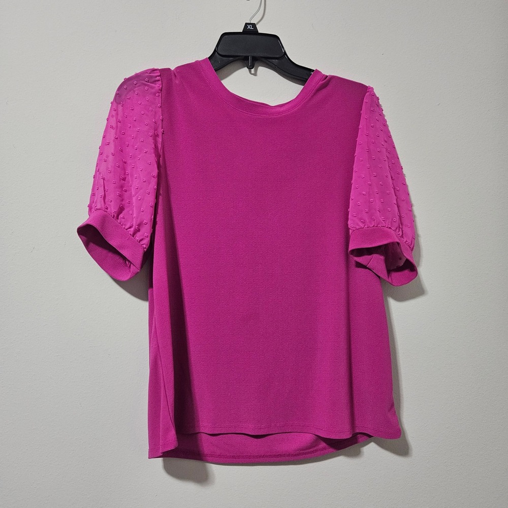 CeCe Magenta Pink Swiss Dot Puff Sleeve Crepe Knit‎ Blouse Top Womens Medium